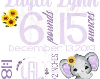 SOFORT DOWNLOAD - Silhouette Studio Personalisierbar Lila Elefant GeburtStat Babydecke Design für Sublimation