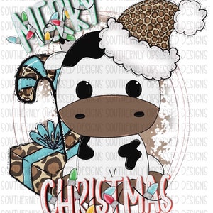 Merry Christmas Cow With Present Digital PNG