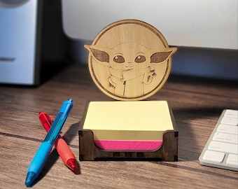 Cute Alien Sticky Note Holder | Laser Engraved Desk Organizer | 3x3 Memo Pad Holder | Birch MDF Office Decor | Sci-Fi Gift Desk Decor