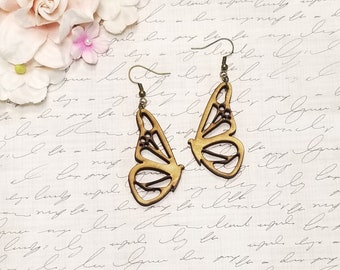 Butterfly Earrings. Nature earrings. Wood butterfly earrings. Side view butterfly