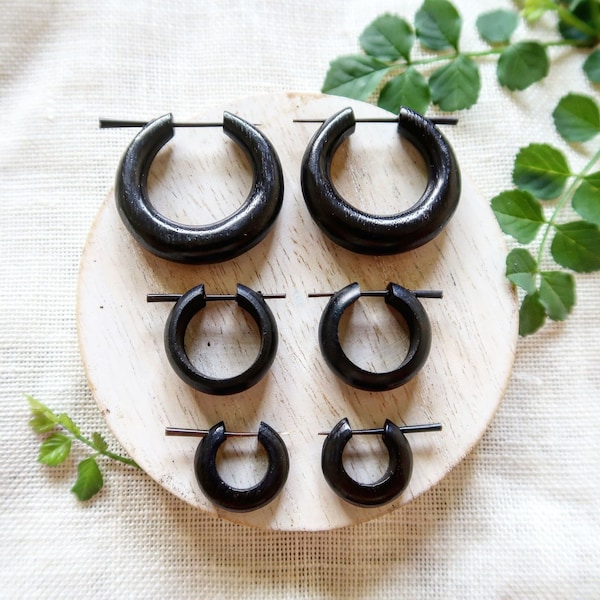 Wooden Hoop Earrings, Black Wood Earrings, Organic, Hand Carved