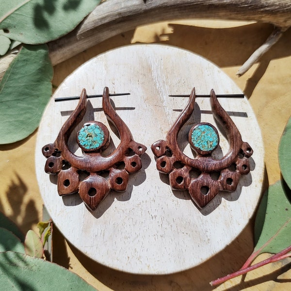 Wooden Tribal Style Earrings, Hand Carved Earring,