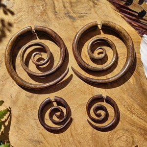 Wooden Spiral Earrings, Wood Tribal Earring, Fake Gauge