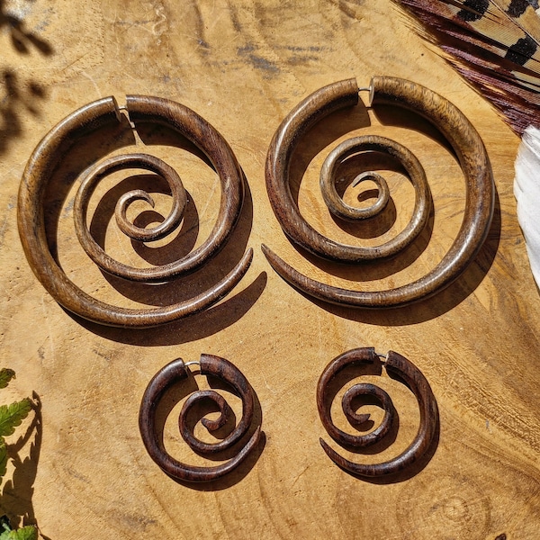 Wooden Spiral Earrings, Wood Tribal Earring, Fake Gauge