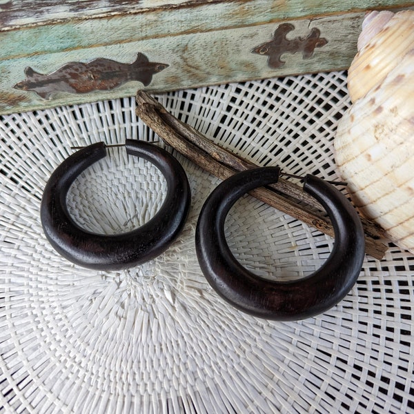 Extra Large Wooden hoop earrings, Black Wood Tribal Earrings, Hand Carved Organic