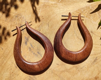 Large Wooden Hoop Earrings, Brown Wood Tribal Earring, Hand Carved Organic