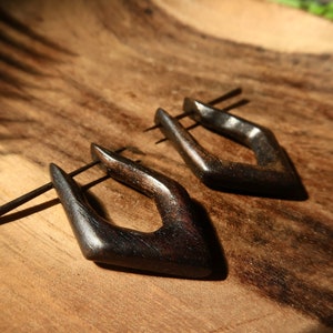 Tribal Style Wood Earrings, Wooden Hoop Earring, Hand Carved Black
