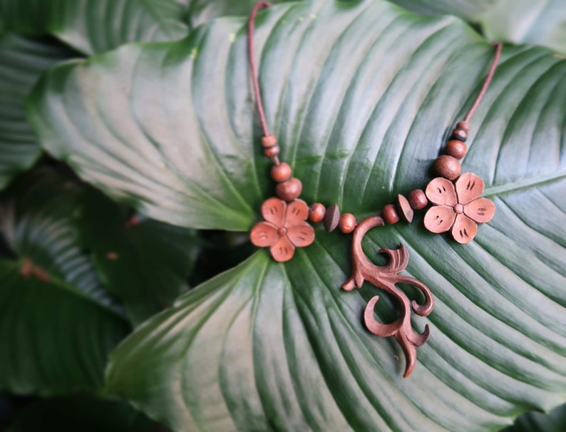 Hand Carved Wooden Necklace Organic Tribal Jewelry
