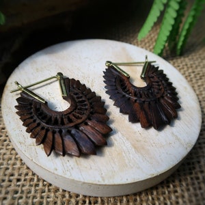 Tribal Wooden Earrings, Brown Wood Earring, Hand Carved Brass Earrings