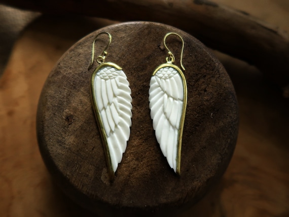 Tribal Earrings, White Bone Brass Earring, Hand Carved Feather Shape