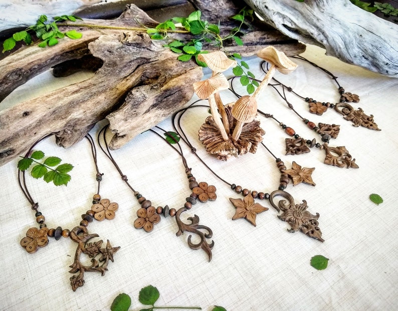 Hand Carved Wooden Necklace Organic Tribal Jewelry