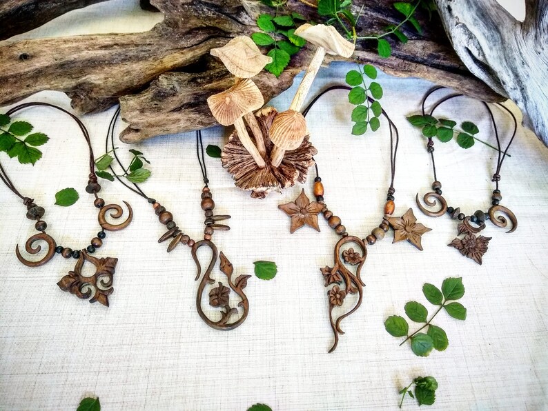 Hand Carved Wooden Necklace Organic Tribal Jewelry