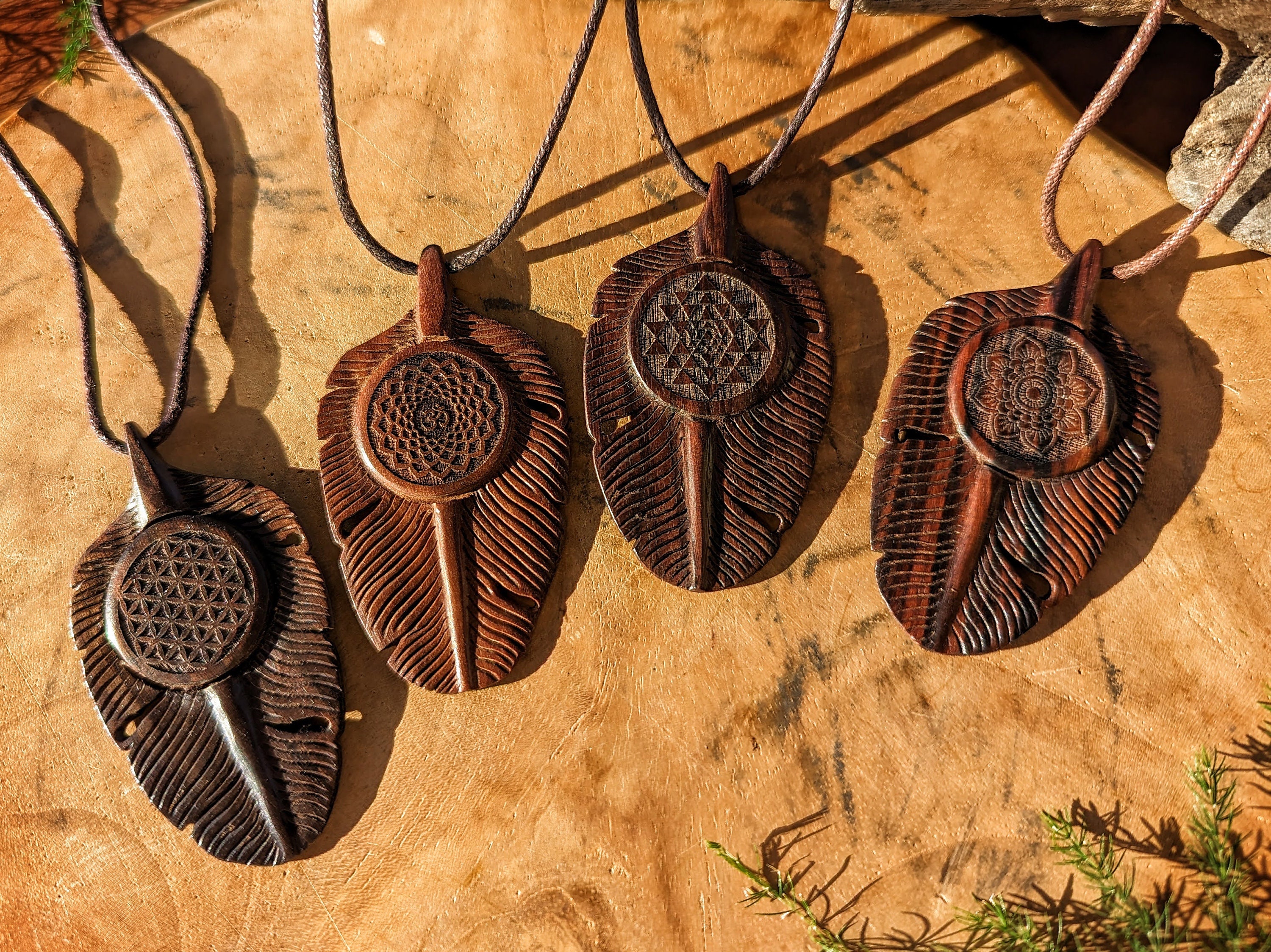Sacred Geometry Wooden Necklace / Feather Shaped Necklace