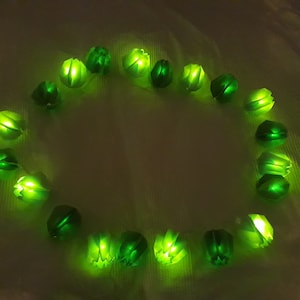 Op de afbeelding: Een slinger van groene papieren lampionnen met een gloeiend licht in elk van hen. De lampionnen zijn in een cirkel gerangschikt.