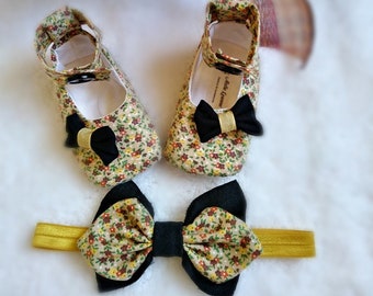 Matching bow and shoes for baby girl, infant matching bow and shoes, crib shoes, soft soled cotton shoes and bow for girls