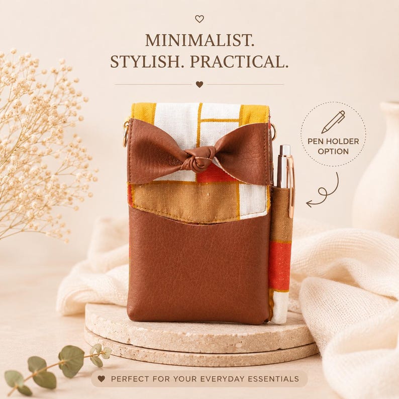 K&ouml;nnte beinhalten: Eine rechteckige Tasche mit einem unteren Teil aus braunem Kunstleder und einem oberen Teil aus wei&szlig;em, gelbem und orangefarbenem Stoff mit Karomuster sowie einer braunen Schleife. Sie enth&auml;lt eine seitliche Stifthalterung mit einem silbernen Stift und den Text MINIMALIST. STYLISH. PRACTICAL.