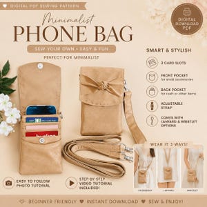 Cartamodello PDF per borsa minimalista per cellulare / Opzioni: tracolla, cordino, pochette da polso (download digitale)