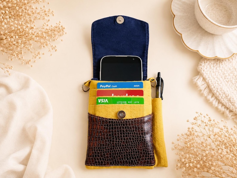 K&ouml;nnte beinhalten: Eine gelbe Handy-Umh&auml;ngetasche mit dunkelblauem Innenklappenteil und einer dunkelbraunen Fronttasche in Krokodillederoptik. Die Tasche enth&auml;lt ein schwarzes Smartphone, drei Kreditkarten und einen schwarzen Stift in einer seitlichen Schlaufe.