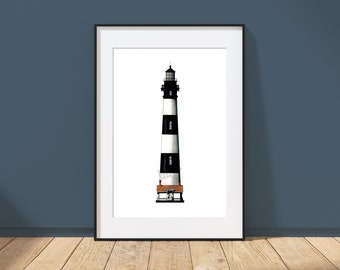 May include: A black and white lighthouse with a red roof and a white base. The lighthouse is set against a white background.