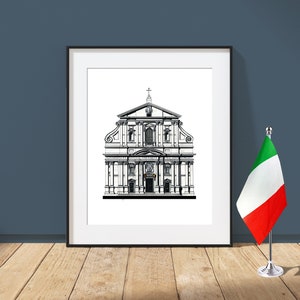 May include: A black and white line drawing of a church building with a cross on top. The church is framed in a white mat and black frame. A small Italian flag is in the foreground.