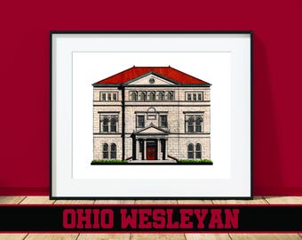 May include: A black and white illustration of a building with a red roof. The building has a large entrance with a set of double doors. The text "Ohio Wesleyan" is printed below the image.