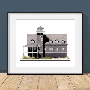 May include: A black and white illustration of a wooden building with a tower. The building has a porch and multiple windows. The building is on a white background.