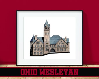May include: A framed print of a black and white illustration of a building with a clock tower. The building is labeled "Ohio Wesleyan".