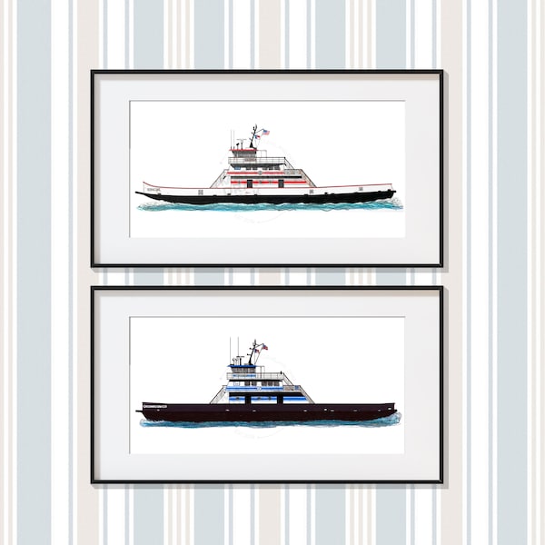 NCDOT Ferries "Ocracoke" and "Chicamacomico" - Outer Banks, North Carolina - Architecture Art Print - Hatteras-Ocracoke Ferry