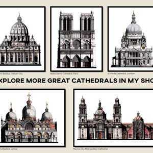 Puede incluir: Un collage de cinco ilustraciones en blanco y negro de catedrales famosas de todo el mundo. Las catedrales son la Bas&iacute;lica de San Pedro, Ciudad del Vaticano; la Catedral de Notre Dame, Par&iacute;s; la Catedral de San Pablo, Londres; la Bas&iacute;lica de San Marcos, Venecia; y la Catedral Metropolitana de la Ciudad de M&eacute;xico.