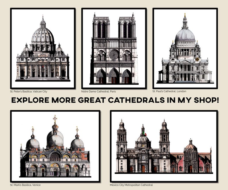 Puede incluir: Un collage de cinco ilustraciones en blanco y negro de catedrales famosas de todo el mundo. Las catedrales son la Bas&iacute;lica de San Pedro, Ciudad del Vaticano; la Catedral de Notre Dame, Par&iacute;s; la Catedral de San Pablo, Londres; la Bas&iacute;lica de San Marcos, Venecia; y la Catedral Metropolitana de la Ciudad de M&eacute;xico.
