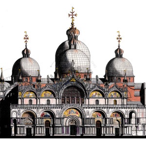 Puede incluir: Una ilustraci&oacute;n detallada en blanco y negro de la Bas&iacute;lica de San Marcos en Venecia, Italia. La bas&iacute;lica tiene tres grandes c&uacute;pulas y una fachada con muchos arcos y columnas.