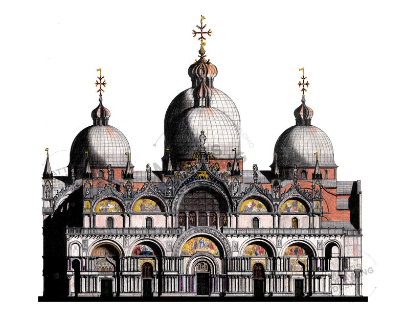 Puede incluir: Una ilustraci&oacute;n detallada en blanco y negro de la Bas&iacute;lica de San Marcos en Venecia, Italia. La bas&iacute;lica tiene tres grandes c&uacute;pulas y una fachada con muchos arcos y columnas.