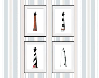 May include: Four framed black and white illustrations of lighthouses. Each frame has a white mat and a black border. The lighthouses are all different designs, with some having red and white stripes and others having black and white stripes.