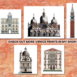 Puede incluir: Cinco ilustraciones en blanco y negro de edificios famosos de Venecia, Italia. Las ilustraciones incluyen el Palacio Ducal, la Bas&iacute;lica de San Marcos, el Campanile, el Puente de Rialto y el Ca' d'Oro. El texto "CHECK OUT MORE VENICE PRINTS IN MY SHOP!" est&aacute; en la parte inferior de la imagen.
