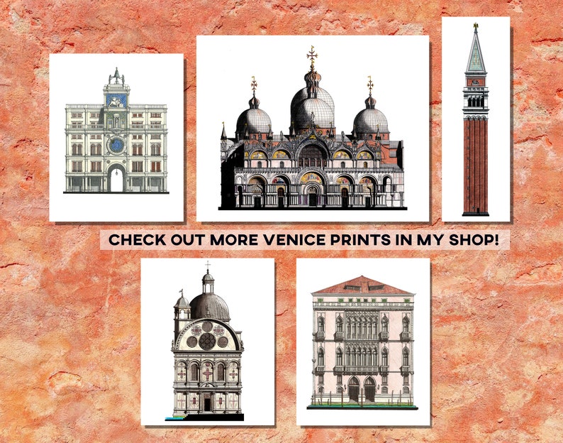 Puede incluir: Cinco ilustraciones en blanco y negro de edificios famosos de Venecia, Italia. Las ilustraciones incluyen el Palacio Ducal, la Bas&iacute;lica de San Marcos, el Campanile, el Puente de Rialto y el Ca' d'Oro. El texto "CHECK OUT MORE VENICE PRINTS IN MY SHOP!" est&aacute; en la parte inferior de la imagen.
