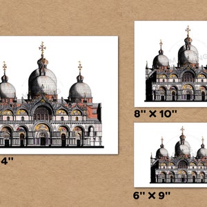 Puede incluir: Una ilustraci&oacute;n en blanco y negro de una gran iglesia adornada con m&uacute;ltiples c&uacute;pulas. La imagen est&aacute; disponible en tres tama&ntilde;os: 11 pulgadas por 14 pulgadas, 8 pulgadas por 10 pulgadas y 6 pulgadas por 9 pulgadas.
