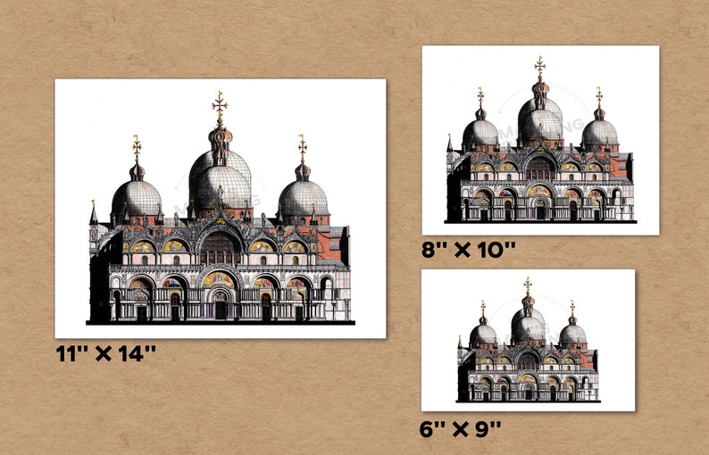 Puede incluir: Una ilustraci&oacute;n en blanco y negro de una gran iglesia adornada con m&uacute;ltiples c&uacute;pulas. La imagen est&aacute; disponible en tres tama&ntilde;os: 11 pulgadas por 14 pulgadas, 8 pulgadas por 10 pulgadas y 6 pulgadas por 9 pulgadas.