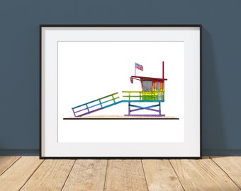 Venice Pride Flag Lifeguard Tower, Venice Beach - Los Angeles, California - Architecture Art Print