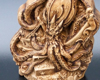 Kraken Tabletop Genuine Wood Non Colored Octopus Sea Monster Nautical Statue 8 Inch Sculpture Figurine Statuette Marine Life