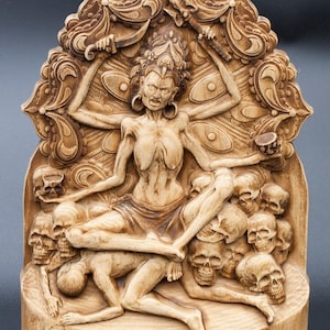 Chamunda Kali Sculpture Durga Wooden Hindu Goddess of Warriors Parvati Shivas Wife Incarnation Ash Wood Tabletop Figurine