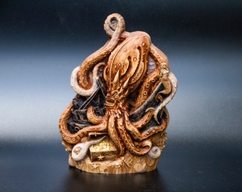 Kraken Tabletop Wooden Octopus Sea Monster Nautical Statue 8 Inch Sculpture Figurine Statuette Marine Life Living Room Decor