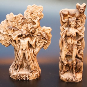 Odin and Freja Wooden Statues - Set of Two Sculptures