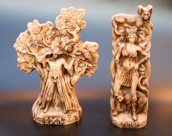 Odin and Freja Wooden Statues - Set of Two Sculptures