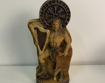 Bragi statue Bragi gods Scandinavian gods Viking gods Ancient paganism Carving sculpture Pagan goddess Odin Runic symbols Norse mythology