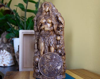 Hel Norse Goddess Statue – Carved Scandinavian Wooden Sculpture – Pagan Altar Décor – Viking Mythology Figurine – 9" (23 cm) Tall