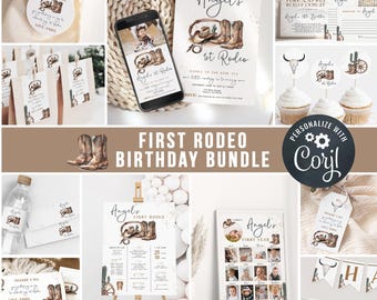 May include: A First Rodeo birthday party bundle featuring watercolor illustrations of cowboy boots, a hat, and a lasso. The set includes invitations, cupcake toppers, water bottle labels, a milestone photo board, and a time capsule card.