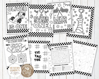 EDITABLE FAST One Boy First Birthday Coloring Games Pages I Vintage Race car I Racing car Party Placement Activity I Instant Download 042 CP