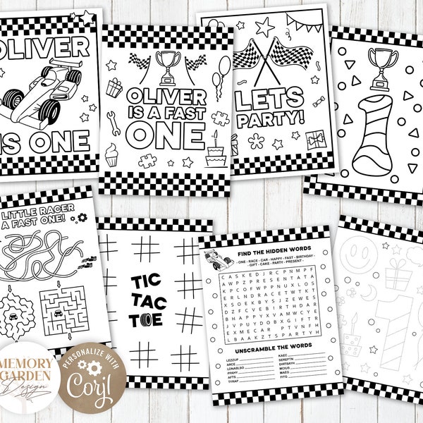 EDITABLE FAST One Boy First Birthday Coloring Games Pages I Vintage Race car I Racing car Party Placement Activity I Instant Download 042 CP