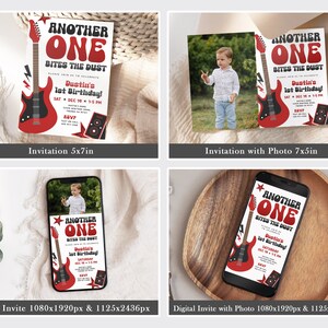 May include: A digital invitation for a first birthday party with a rock and roll theme. The invitation features a red electric guitar with the text "Another One Bites the Dust" and a star. The invitation also includes the child's name, age, and party details.