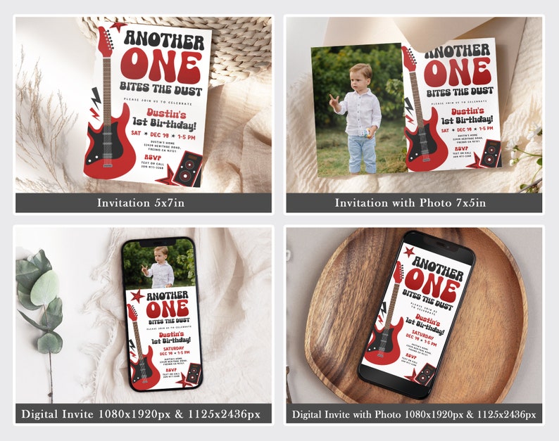May include: A digital invitation for a first birthday party with a rock and roll theme. The invitation features a red electric guitar with the text "Another One Bites the Dust" and a star. The invitation also includes the child's name, age, and party details.